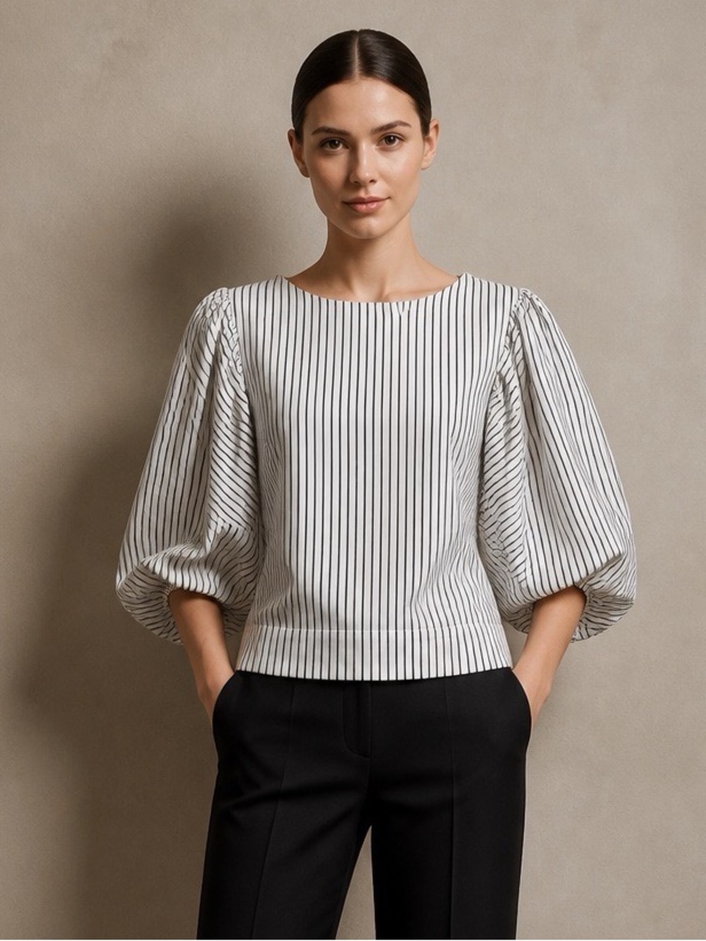 Anthropologie Maeve Black White Striped Puff Sleeve Blouse XXS